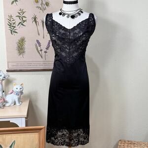 Vintage 90s Black Sheer Lace Top Nylon Slip Dress Dark Coquette Romantic Goth M